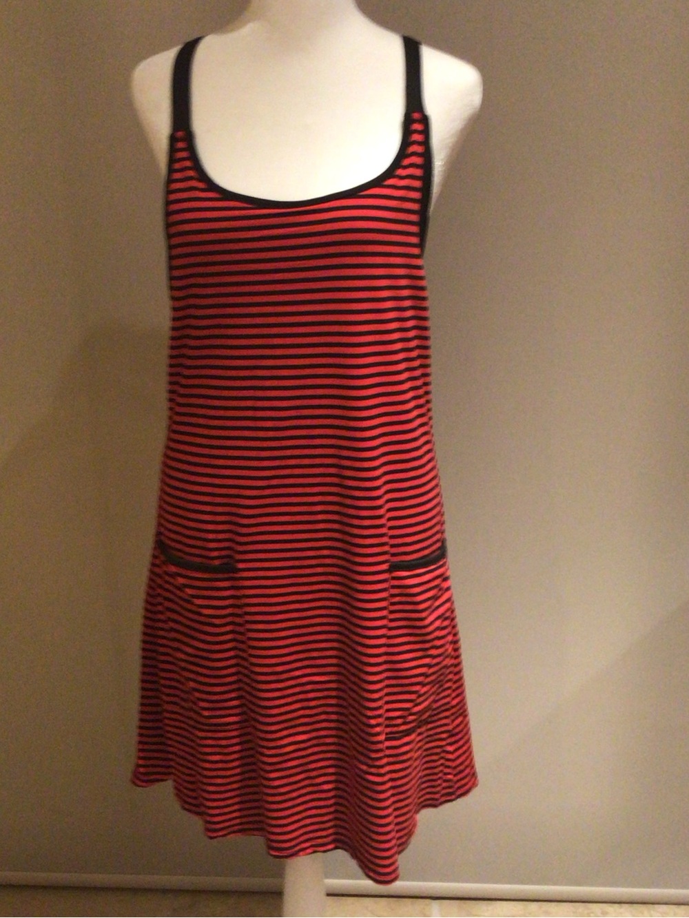 Red and Black Striped Sleeveless Tank Pocket Dress with Built In Slip w/ Shorts